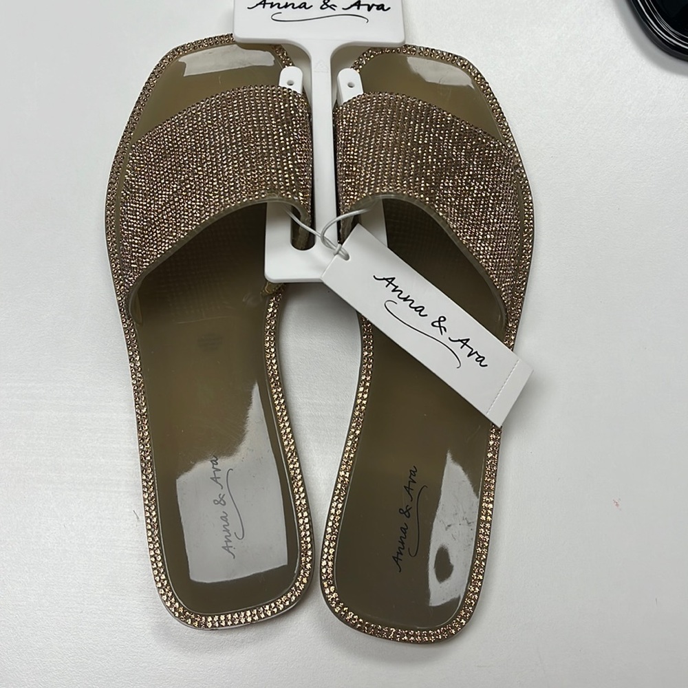 OK brand new gold brown those rhinestones slip on sandals, never used